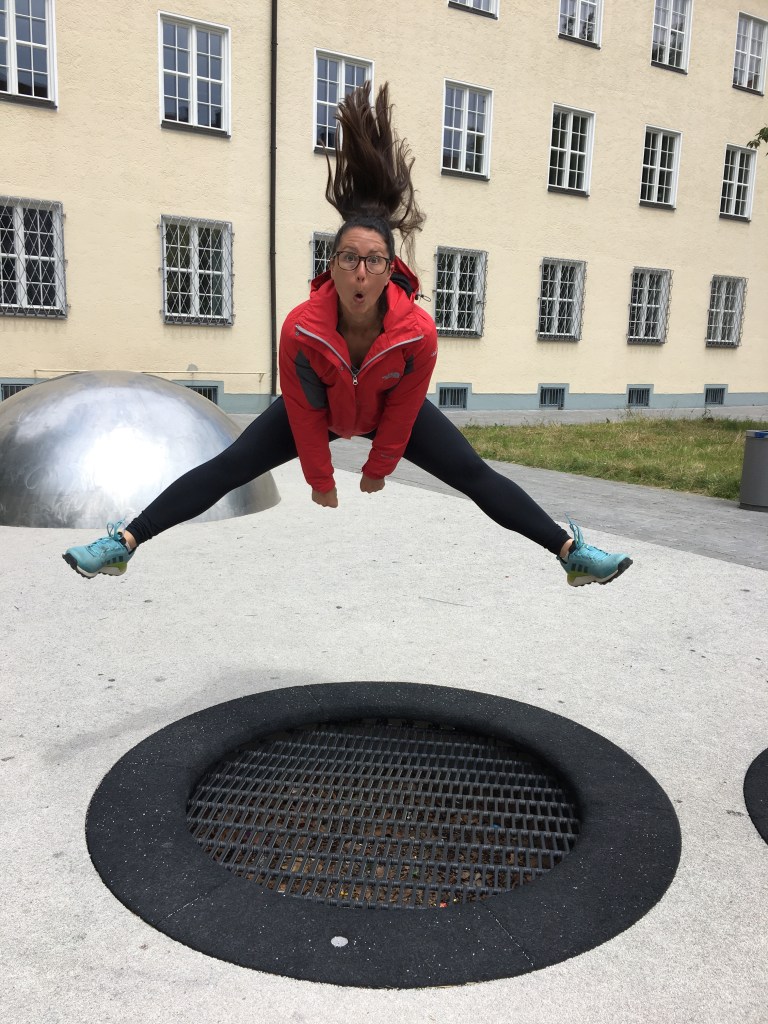 Whitney on a trampoline.